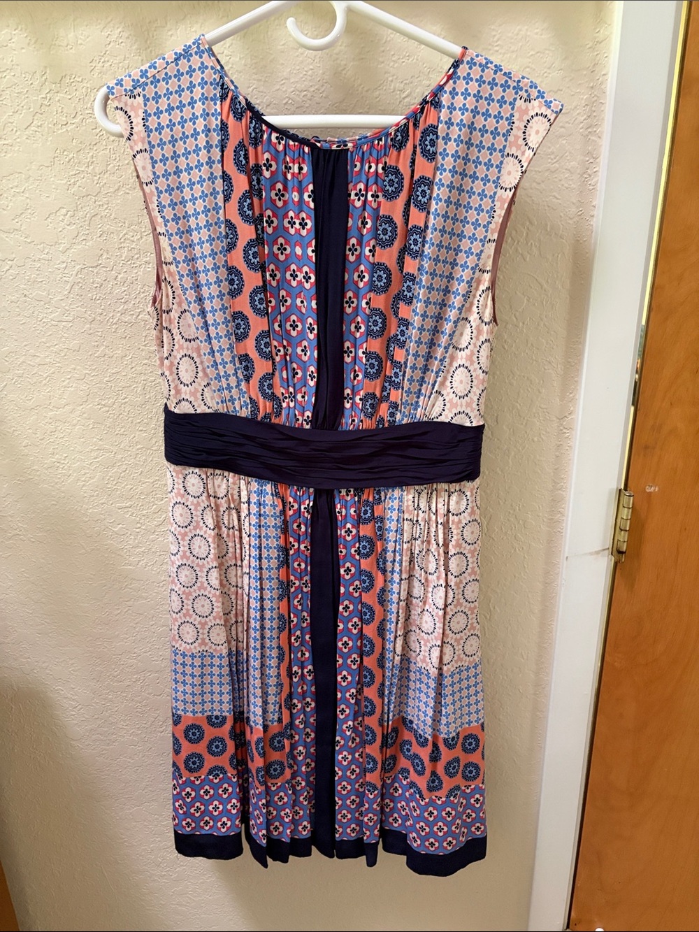 Boden Sleeveless Patchwork Dress Multi Pattern Scarf Print Navy Blue Accent, 6R